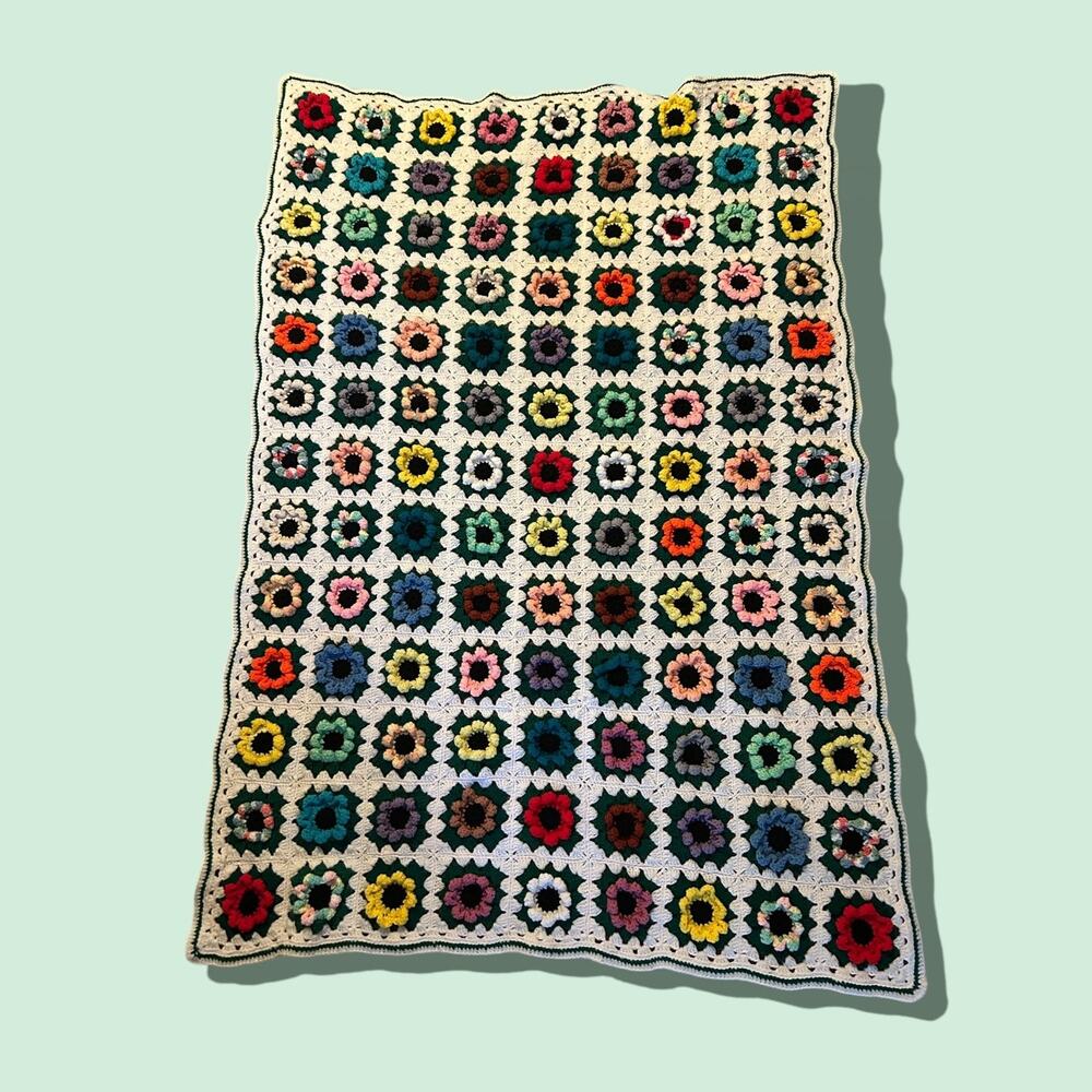 Boho Crochet Throw Blanket‎ Vintage Granny Square Afghan Cottagecore multicolor